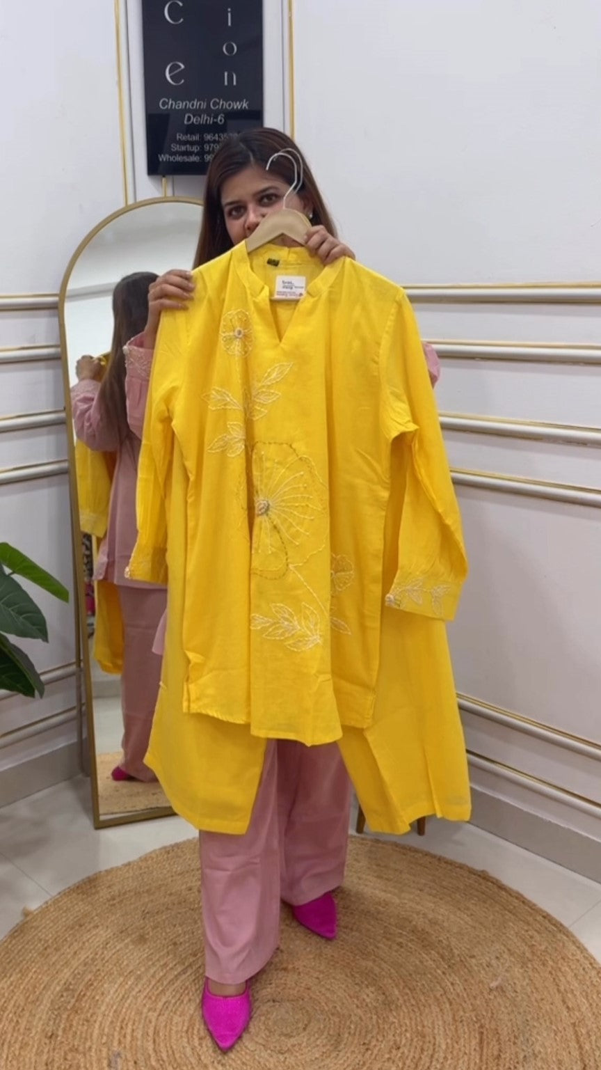 The Grace Fashion Yellow Chikan Embroidered Kurta with Elegant Design for Casual Wear